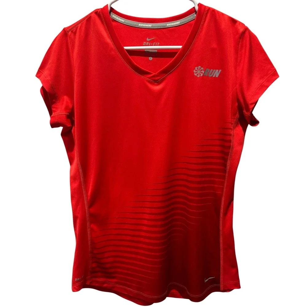 Nike Dri-FIT Running Shirt Womens Large Red V-Neck Graphic Tee Excellent
